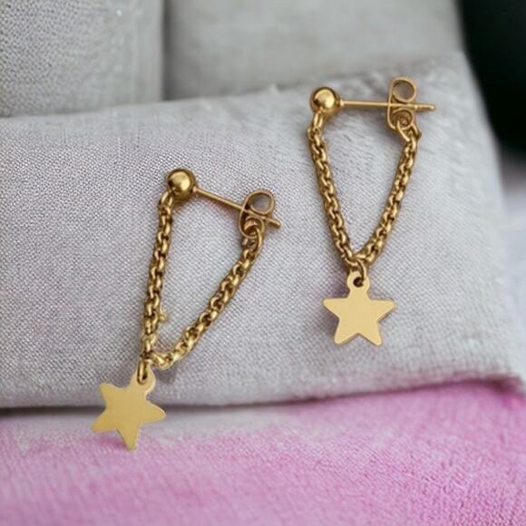 NEW 18K yellow gold plated star stud drop chain earrings jewelry B26A - Picture 5 of 5